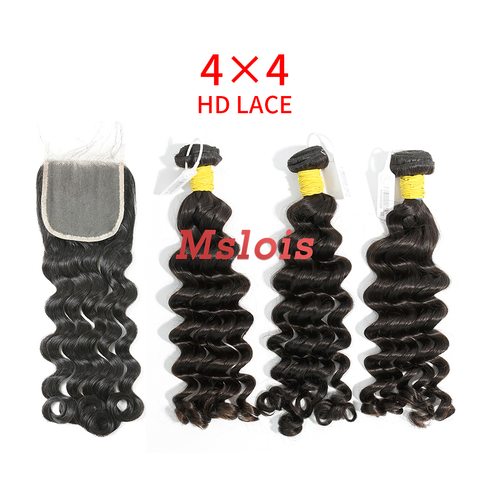 HD Lace Raw Human Hair Bundle with 4×4 Closure Deep Wave