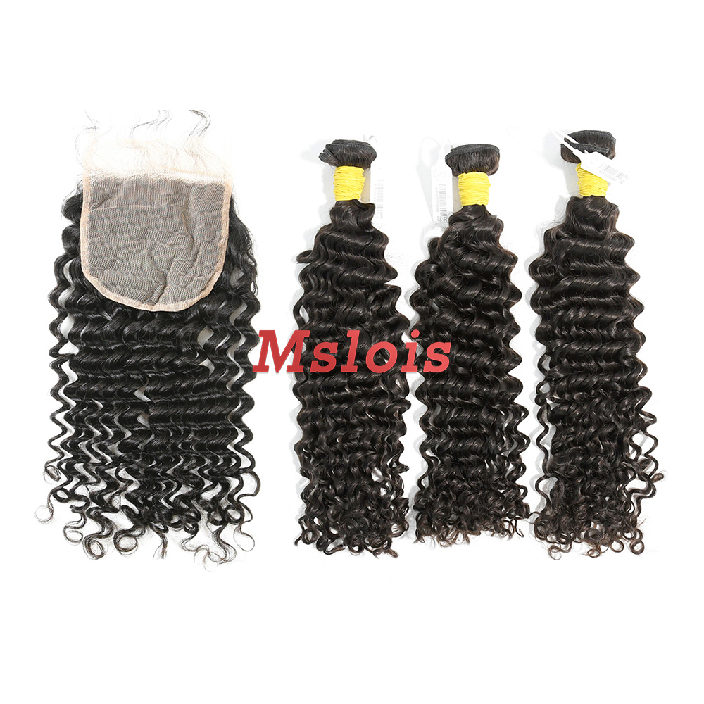 #1b Brazilian Raw Human Hair Weft with 5×5 Closure Deep Curly