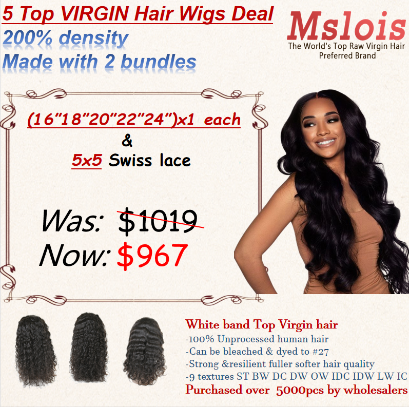 5 Top Virgin (16"-24") 200% 5x5 HD Lace Wigs Deal